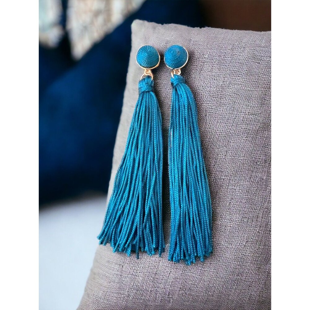 Pretty Blue Post Stud Long Ocean Blue TASSEL Dangle Drop Earrings